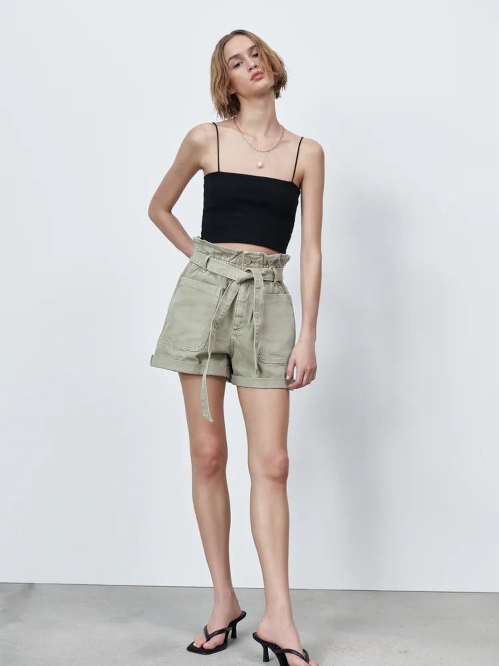 Zara High-Rise Paperbag Waist Utility Shorts - Sage Green